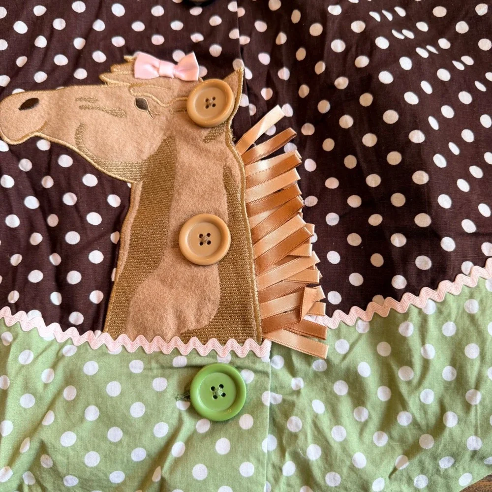 Bonnie Jean Girls 2T Brown Green Polka Dot Horse Applique Peter Pan Collar Dress